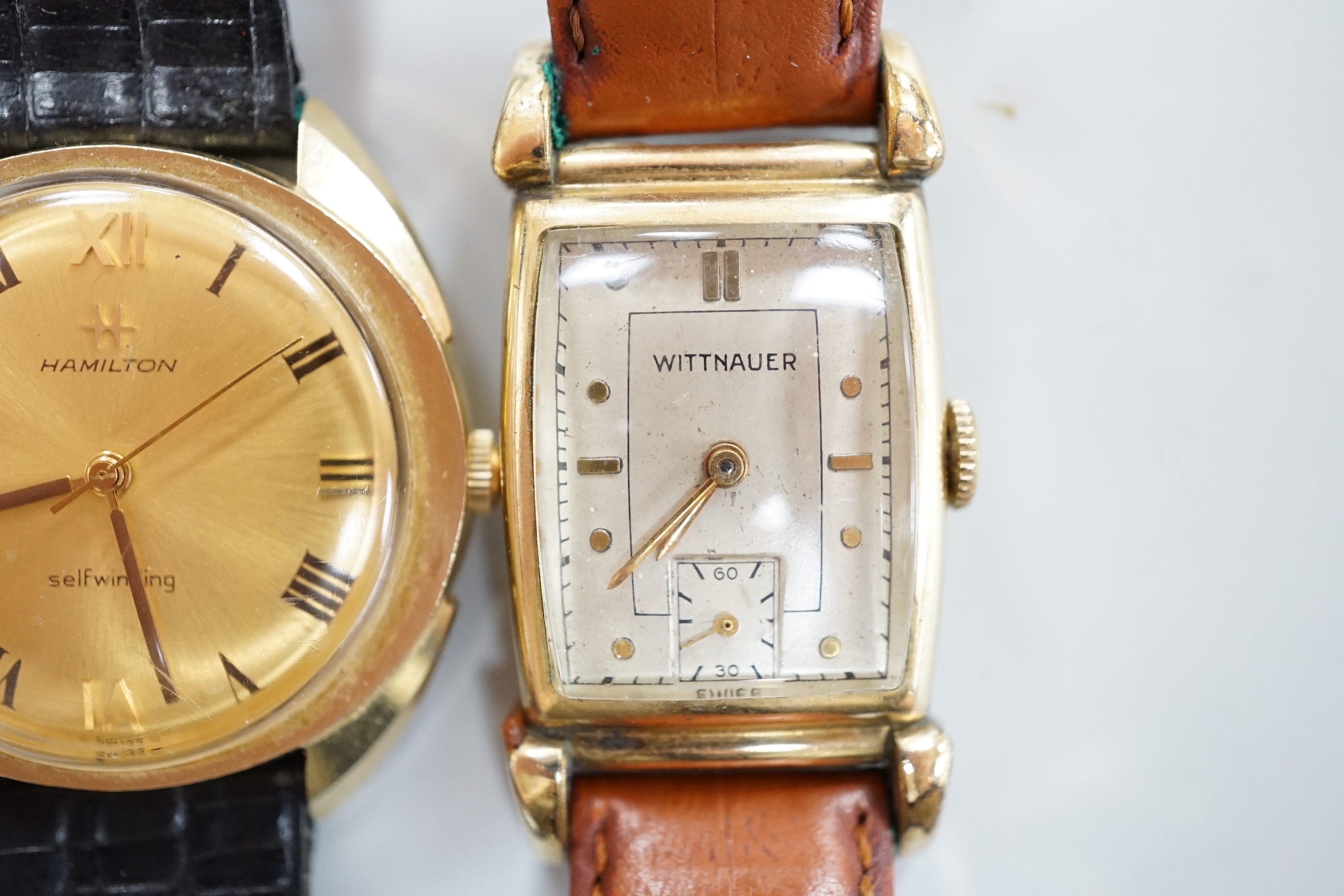 A gentleman's 14K gold Hamilton self winding wrist watch and a gold plated Witnauer wrist watch